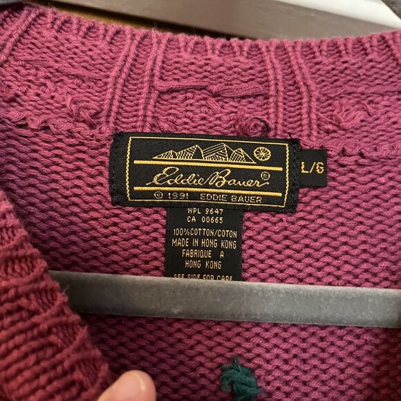 Vintage Eddie Bauer Pink X Heart Stitched Womens Knitted Chunky Sweater Sz Large - Picture 4 of 4